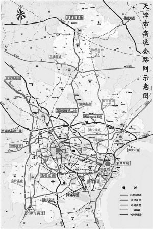 根据高速路网规划的"3310"主骨架,天津市确定了10条中心城区通向滨海