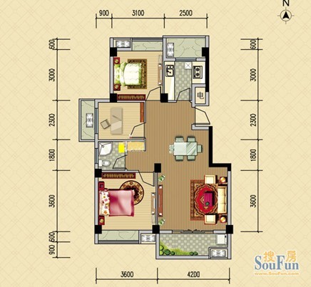 御景华城一期1号楼标准层a户型 2室2厅1卫】