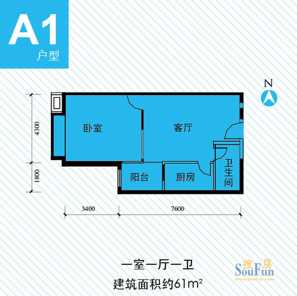 珠江国际公馆A1户型1室1厅1卫1厨61.00㎡