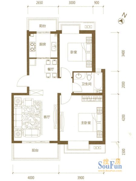 颐和城 详情相册论坛团购地图】b3户型2室2厅1卫1厨84.74㎡