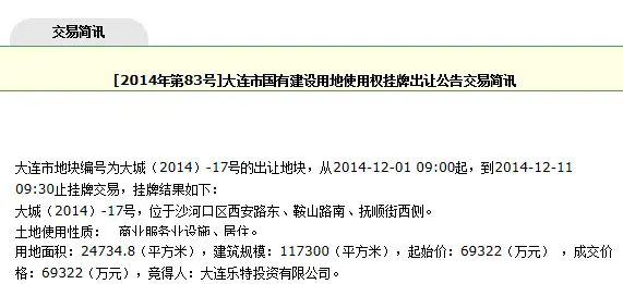 快讯：大连乐特摘沙区西安路东一地块楼面价5909元