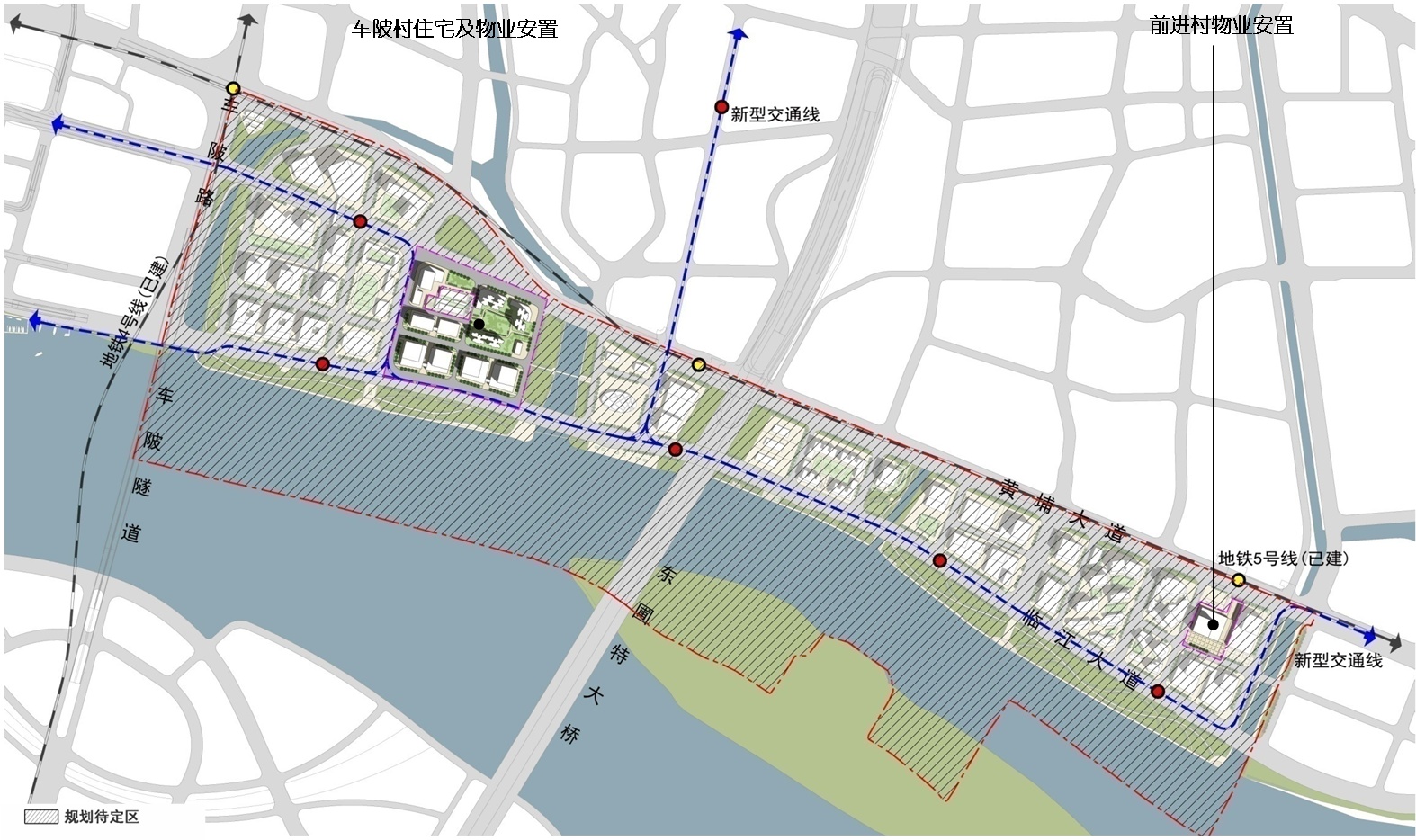 根据规划方案,车陂村的复建安置地块位于临江大道以北,花城大道以南