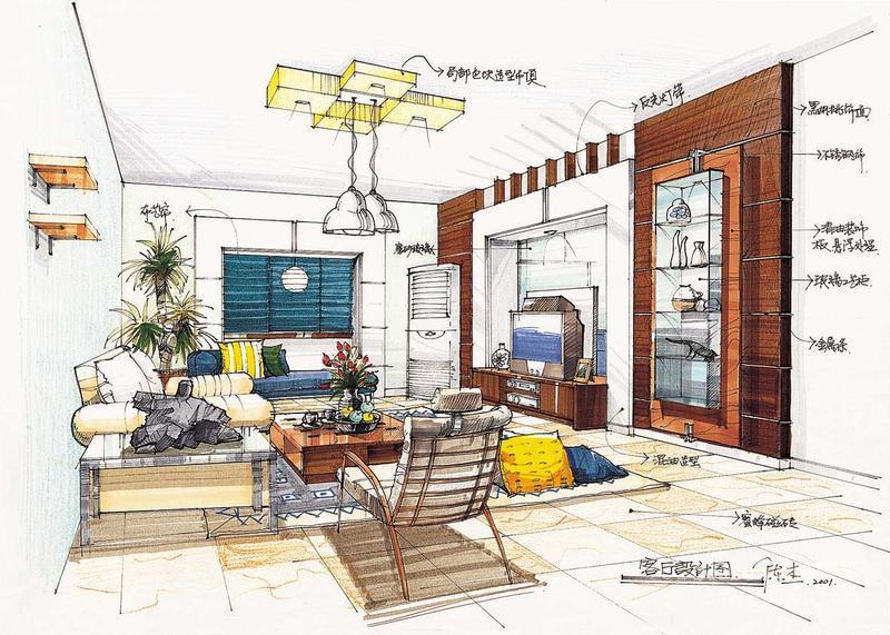 简约客厅手绘效果图图片