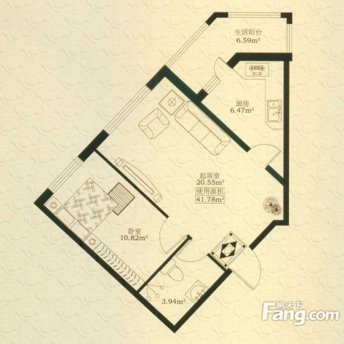 紫金宫庭户型图二期小公寓F户型1室1厅1卫1厨