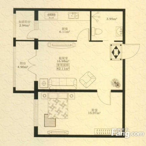 紫金宫庭户型图二期小公寓A户型1室1厅1卫1厨