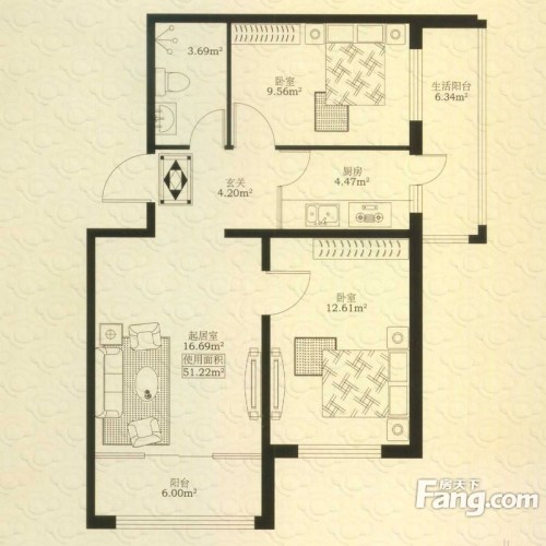 紫金宫庭户型图二期小公寓B户型2室1厅1卫1厨