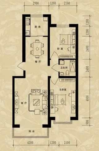 景观家园户型图一期e户型2室2厅1卫1厨