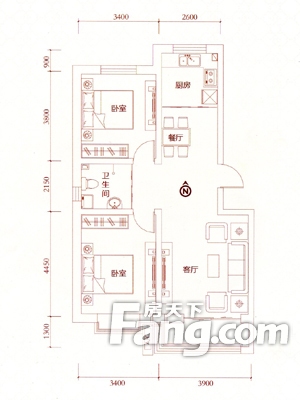 鑫悦凯泊郡户型图一期户型三2室2厅1卫1厨