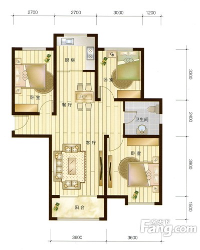 馨领地·城市风景户型图h4户型3室2厅1卫1厨