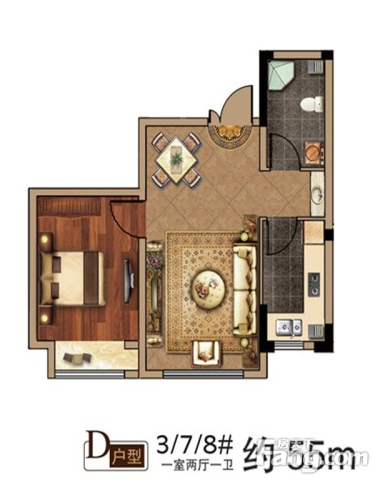 府东公馆户型图3/7/8#d户型1室2厅1卫1厨