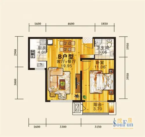 华北家园户型图1号楼标准层b户型1室2厅1卫1厨