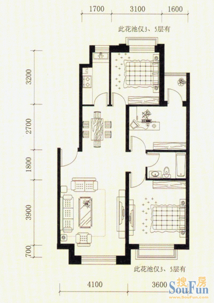 8835平米 三室两厅一卫总体概述:该户型建筑面积为88