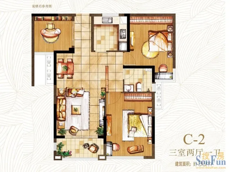 c-2三室两厅一卫96平米装修后户型图