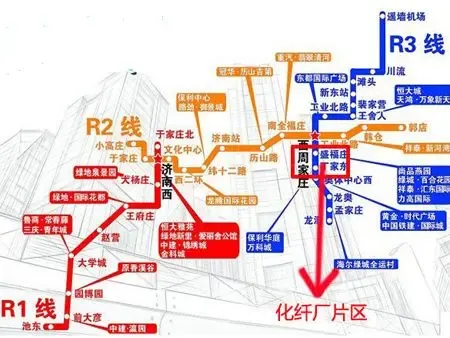 济南轻轨路线图化纤厂片区处于r2,r3轻轨交汇处,纵横交错的轻轨线路可