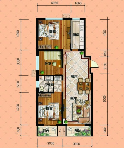 七星印象户型图1#住宅楼标准层A户型3室2厅1卫1厨