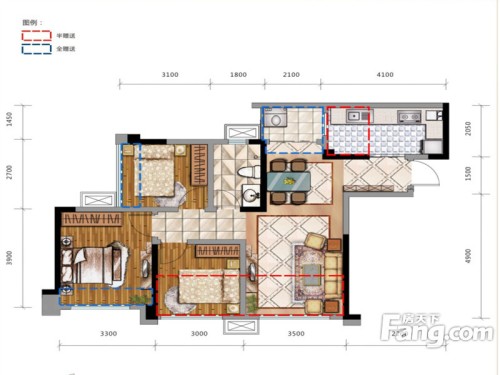 领地海纳时代户型图1-4栋标准层A3户型3室2厅1卫1厨