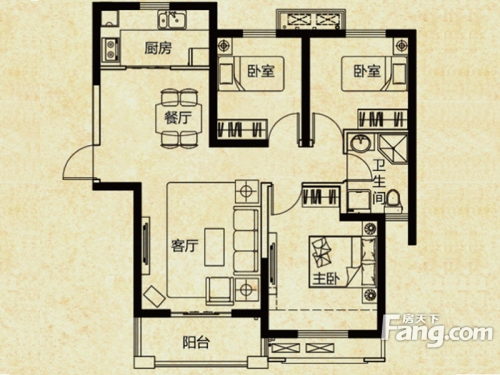 保利鑫城户型图h3-1户型3室2厅1卫1厨