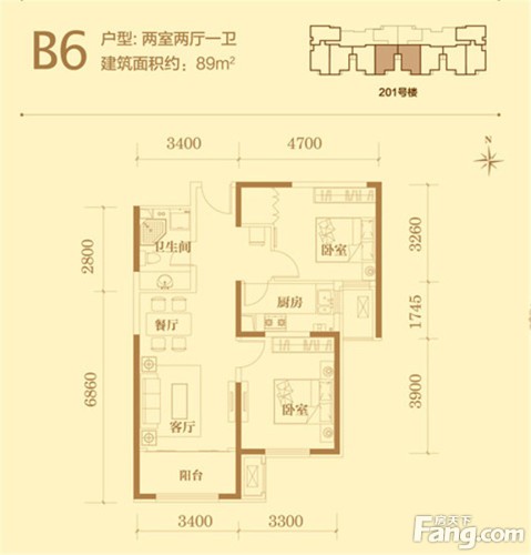 茂华唐山中心户型图201#B6_户型2室2厅1卫1厨